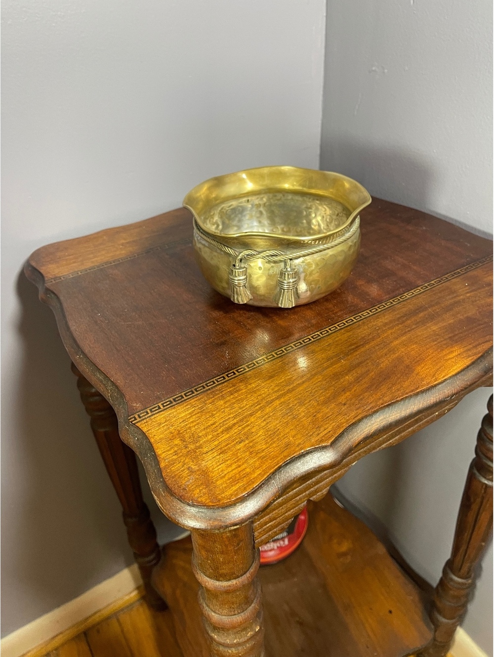 Vintage Hammered Brass Decorative Bowl with Tassel Accents